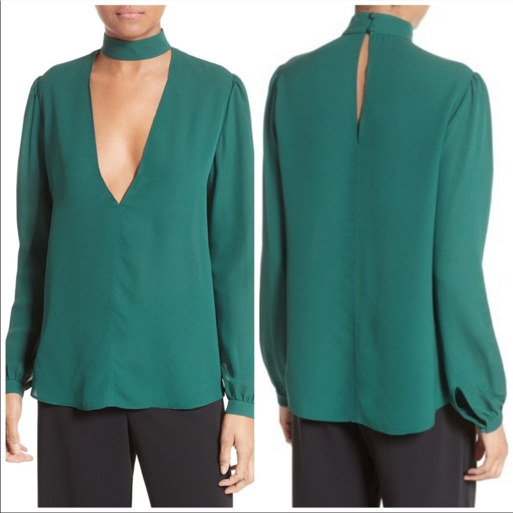 A.L.C. Deep Emerald Green V-Neck Choker Blouse
